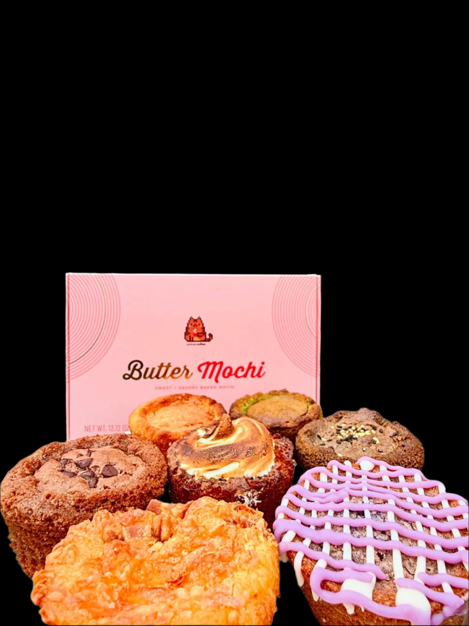Assorted pastries in front of a coffee shop with 'Butter Mochi' packaging.