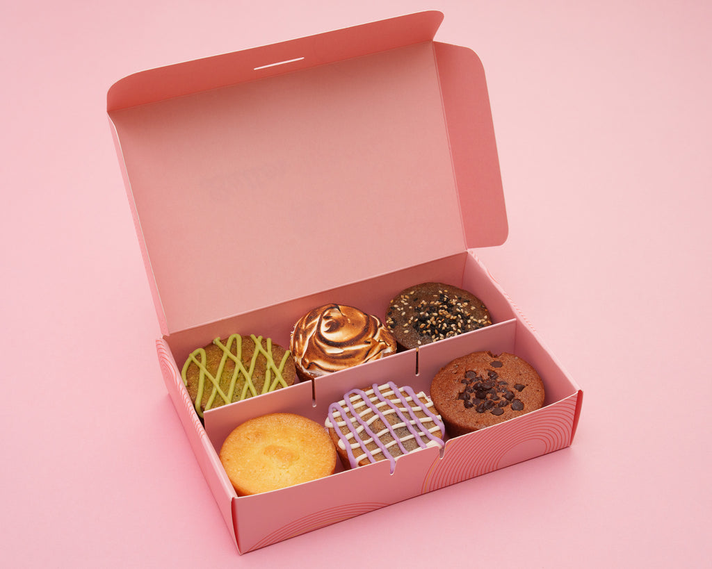 Open 6 piece butter mochi box showing mochi pieces