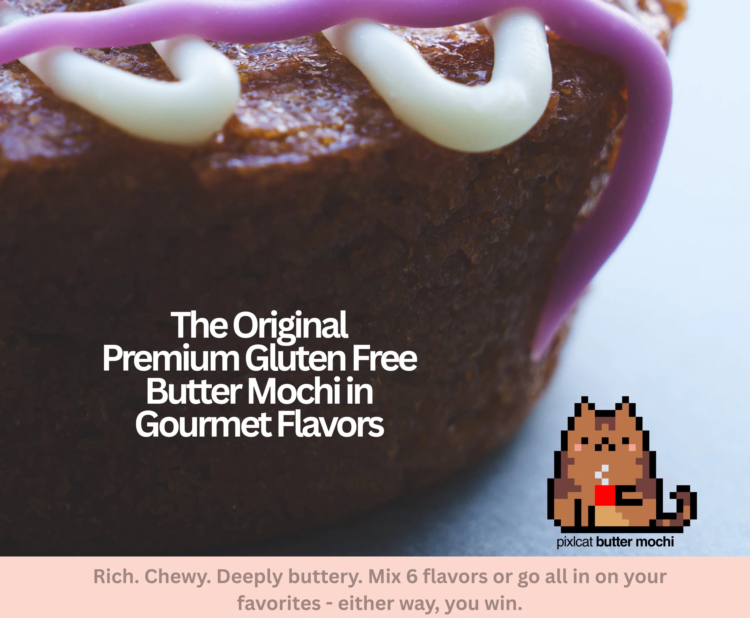 Fresh gluten-free Hawaiian-style butter mochi with ube frosting, shipped nationwide by Pixlcat Butter Mochi