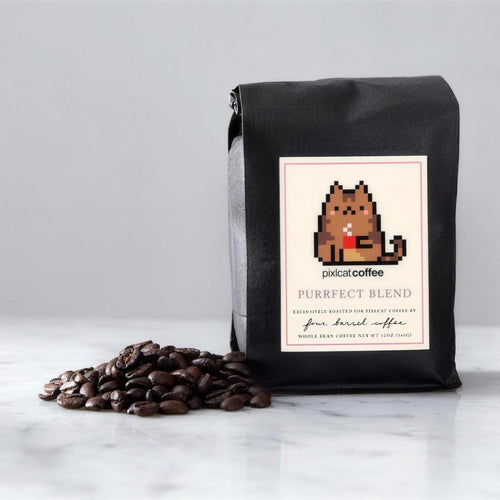 Pixlcat Coffee Purrfect Blend whole bean coffee bag, roasted by Four Barrel Coffee, 12 oz